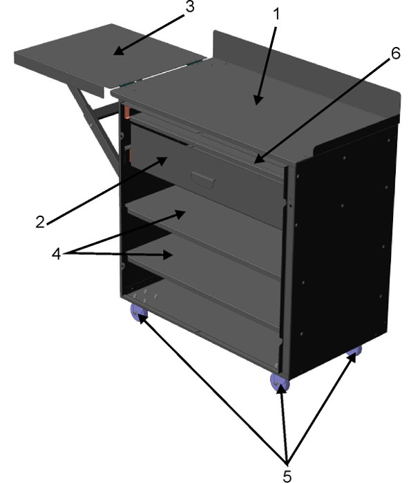 1. рабочая поверхность. 2. ящик для инструментов. 3. откидная полка. 4. полки для приборов. 5. поворотные колеса. 6. выдвижная полка.